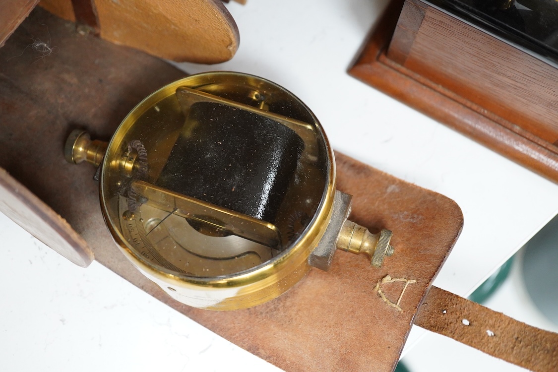 An early 20th century mahogany cased Wheatstone Bridge by C.J. Simmons, London, intended to measure electrical resistance, the case dimensions; 26cm x 14cm x 16.5cm, together with a leather cased brass Galvanometer, inte
